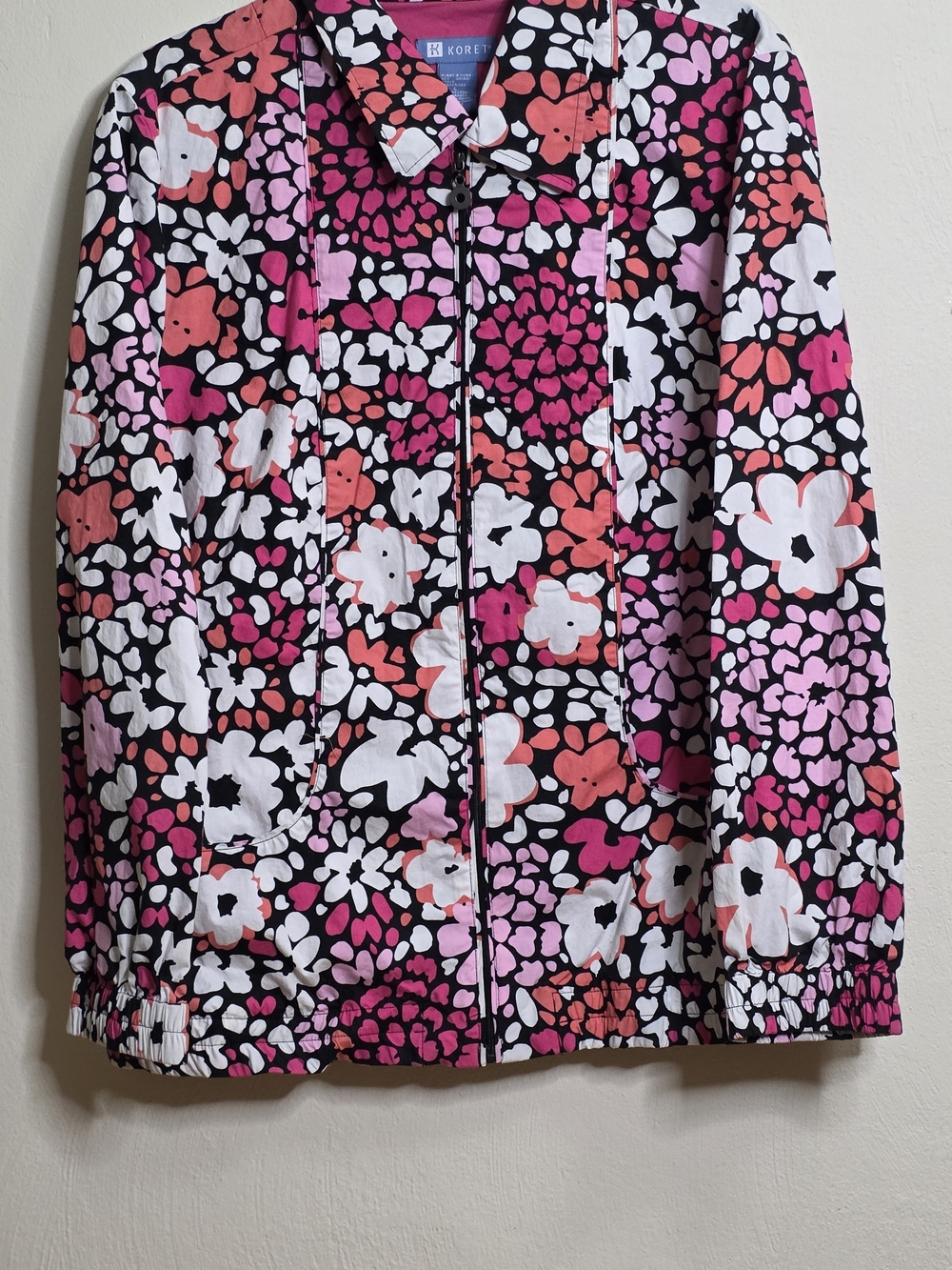 Koret Black Floral Zip-Front Jacket with Pink, Coral & White Flowers